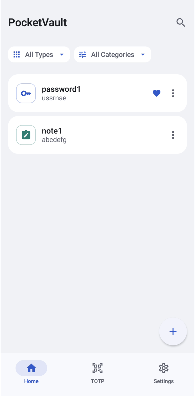 PocketVault password vault screen